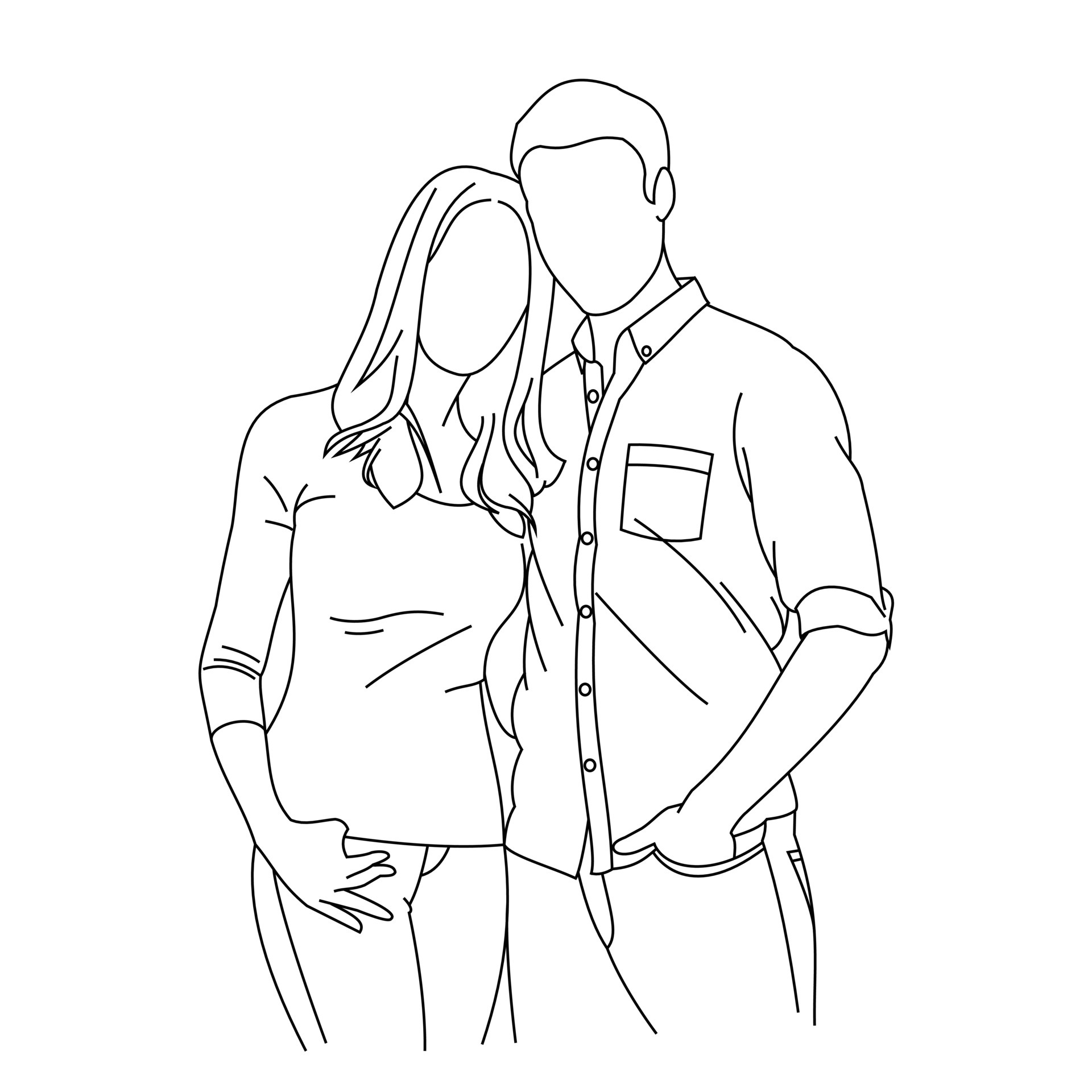 Illustration of line drawing of a happy and loving young couple. A romantic  man and woman embracing outdoor. Young couple loving during a romantic  getaway. Standing isolated on white background 6213397 Vector