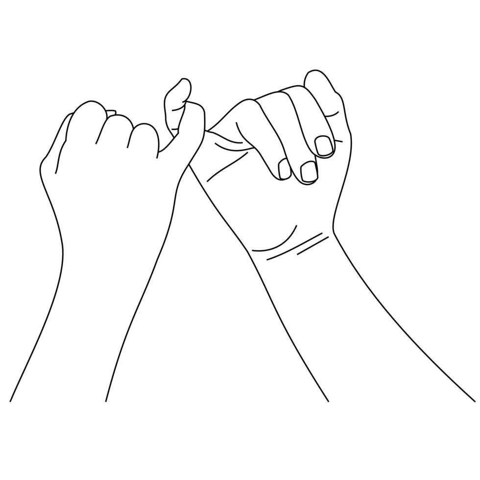 Illustration line drawing a hands making promise as a friendship concept. Loving couple holding hands. Hands of two people hook their little fingers together. Pinky promise design for shirt or jacket vector