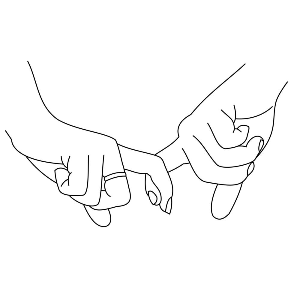 Illustration line drawing a hands making promise as a friendship concept. Loving couple holding hands. Hands of two people hook their little fingers together. Pinky promise design for shirt or jacket vector