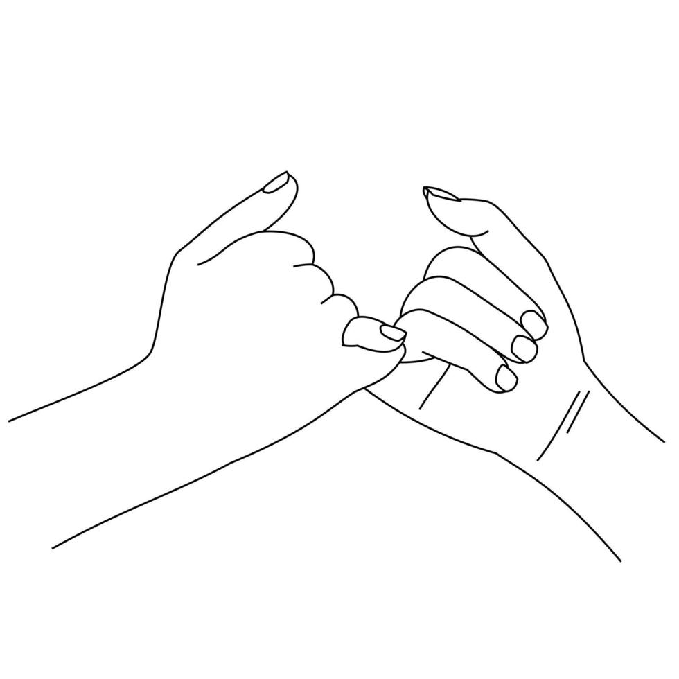 Illustration line drawing a hands making promise as a friendship concept. Loving couple holding hands. Hands of two people hook their little fingers together. Pinky promise design for shirt or jacket vector