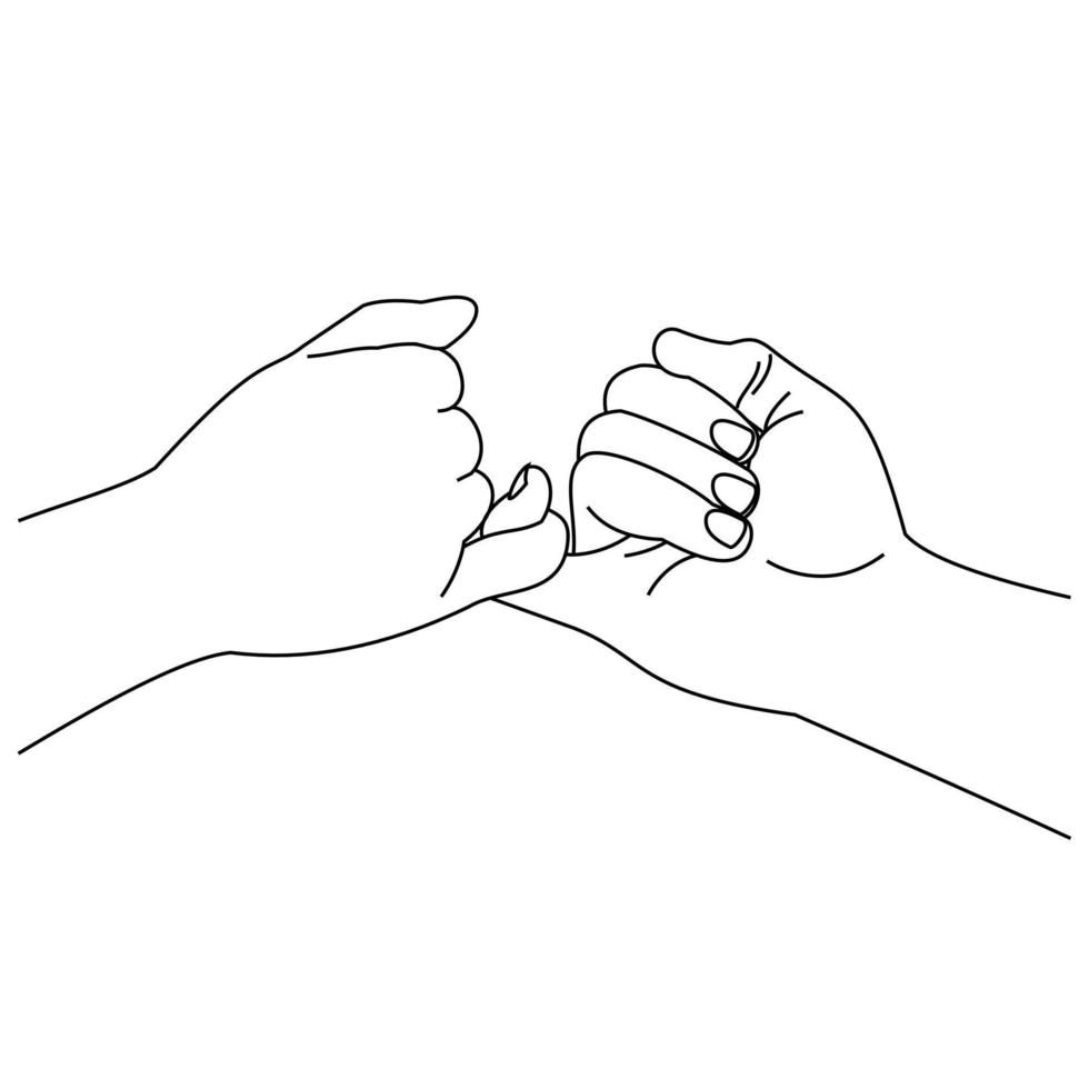 Illustration line drawing a hands making promise as a friendship concept. Loving couple holding hands. Hands of two people hook their little fingers together. Pinky promise design for shirt or jacket vector