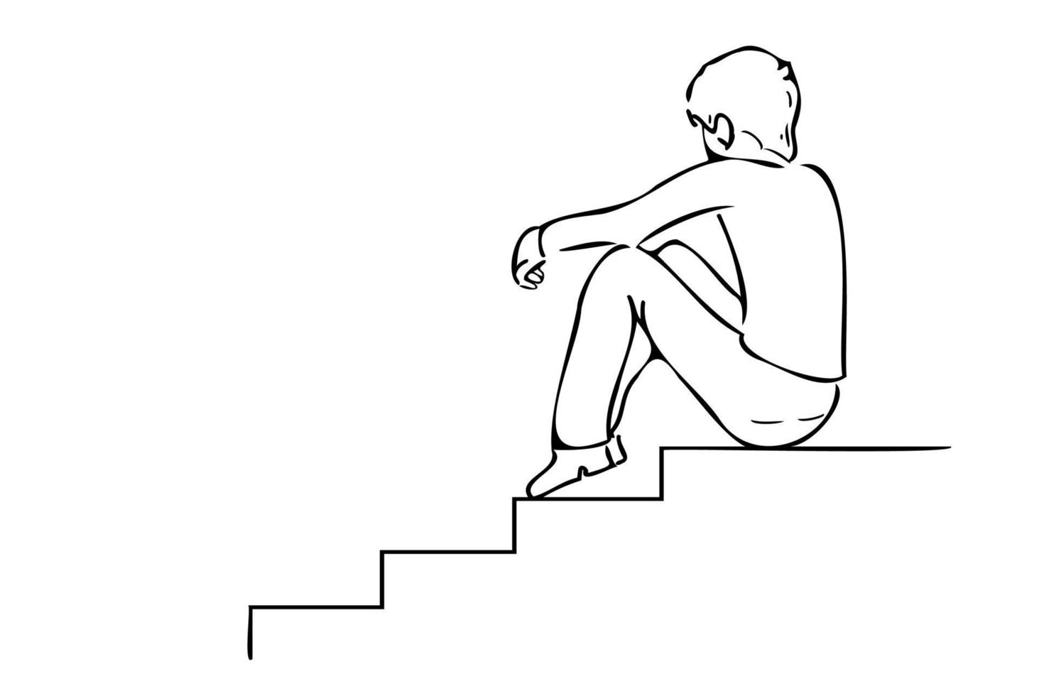 Sad boy outline illustration. Sad boy sitting on stairs black thin line art vector illustration isolated on white background. Unhappy person in bad mood sitting on stairs.