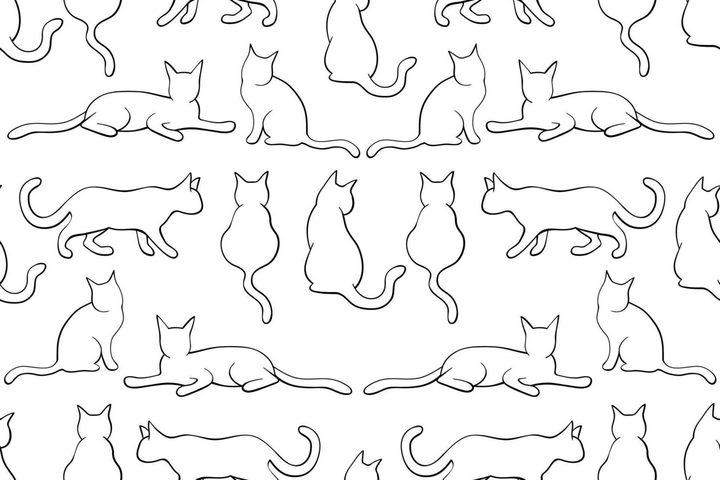 Seamless black and white outline cat pattern. Cats with black thin line art on black background. Seamless cats repeating vector pattern.