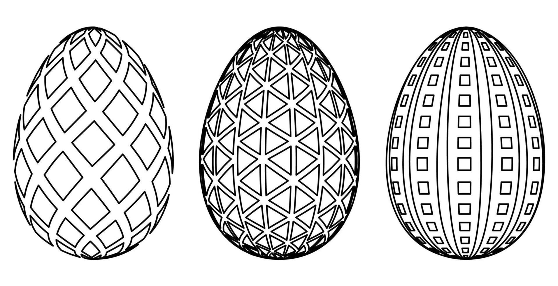 Patterned ornate eggs. Black and white eggs vector illustration isolated on white background. 3D rendering, outline, line art illustrations.