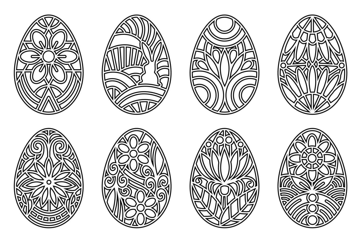 elementos decorativos de diseño de huevos de Pascua. el arte de línea delgada negra esboza huevos ornamentados aislados en fondo blanco. diseño de huevo de Pascua decorado con elementos florales. conjunto de ilustración vectorial de Pascua. vector