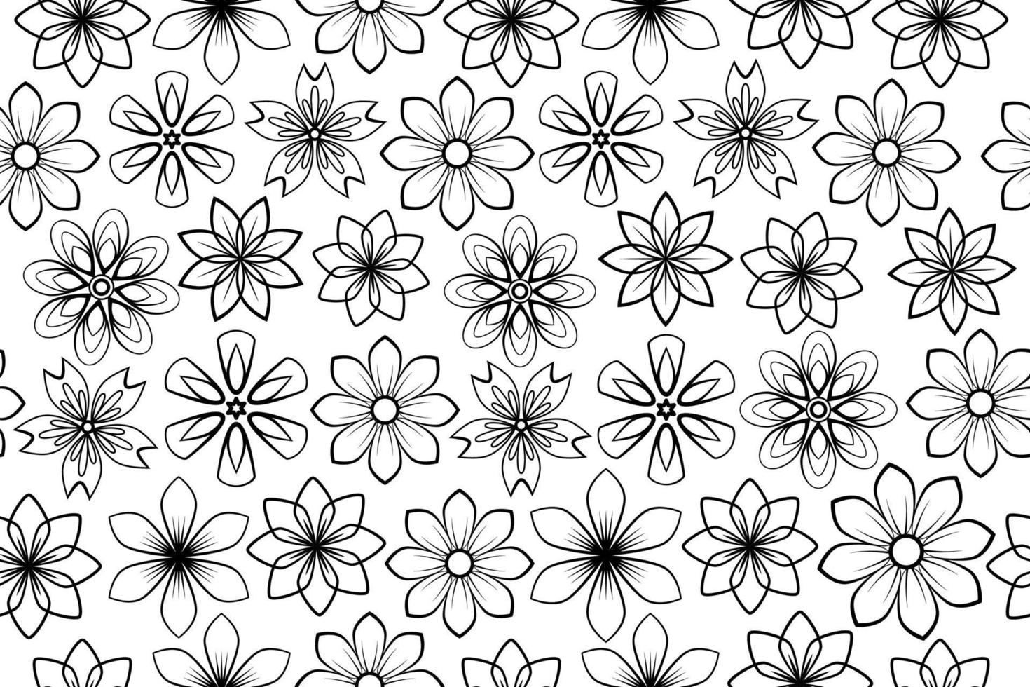 blanco y negro transparente floral. flores y hojas. repitiendo fondo monocromático. estampado de verano y primavera. flores de arte de línea en flor y hierbas en flor con líneas negras sobre fondo blanco. vector