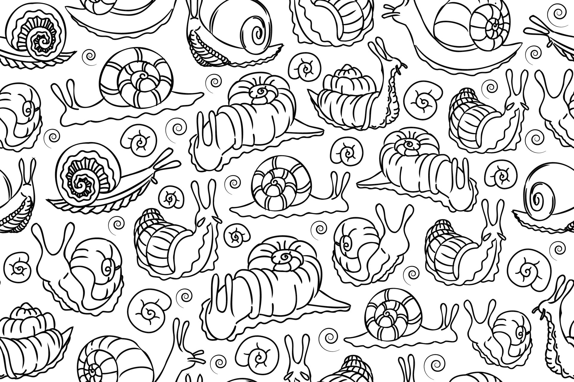 Cartoon snails outline pattern. Black line art snails and swirls
