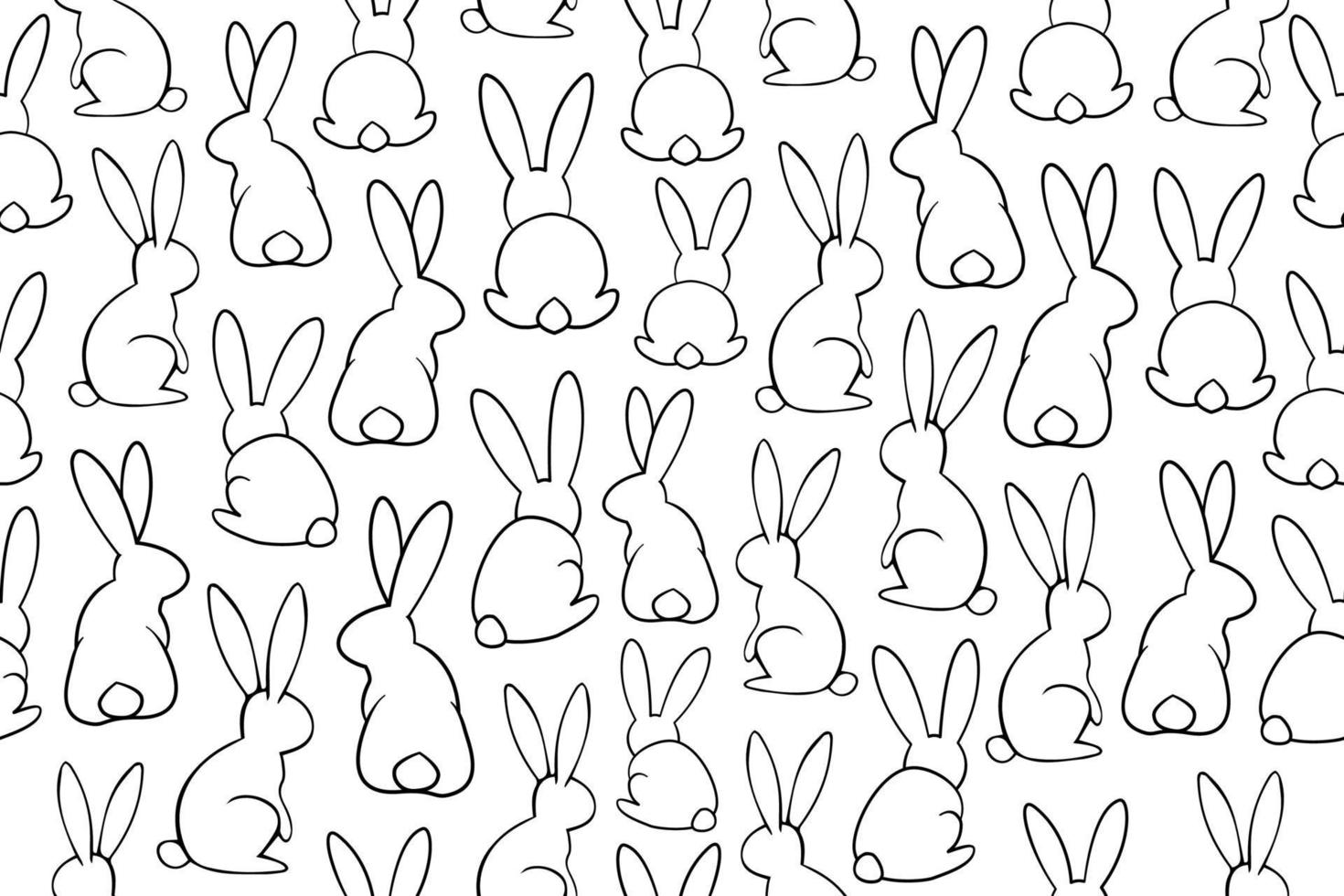 Seamless bunny pattern. Black and white wild bunnies in different position. Outline illustrations, vector line art rabbits with black thin line.