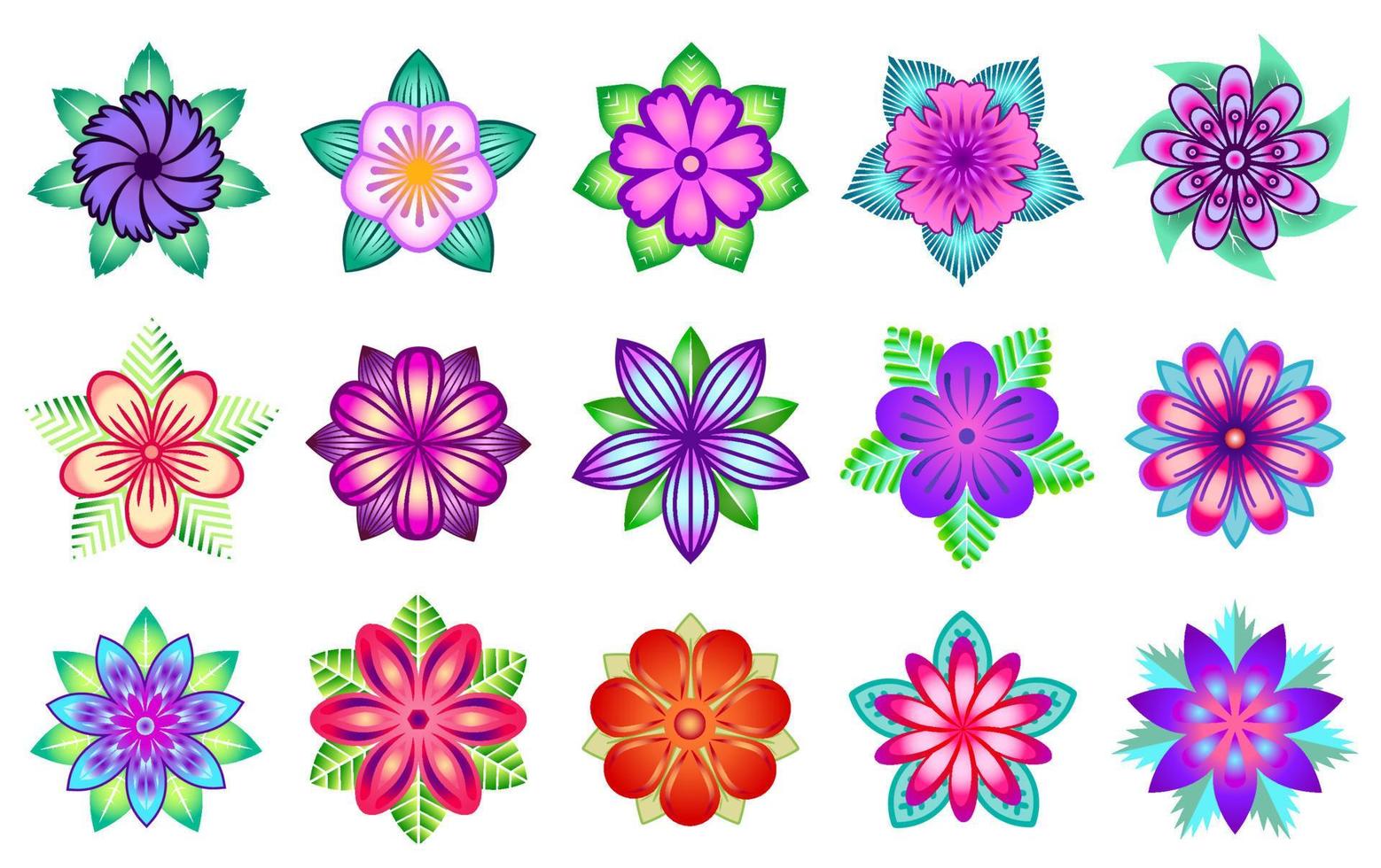 conjunto floral ornamental geométrico. colorida colección de decoraciones florales de mandala. ornamento vector flores con hojas aisladas sobre fondo blanco.