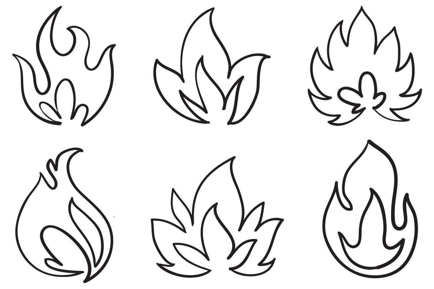 iconos de fuego dibujados a mano. conjunto de vectores de iconos de llamas de fuego. fuego de boceto de garabato dibujado a mano, dibujo en blanco y negro. símbolo de fuego simple.