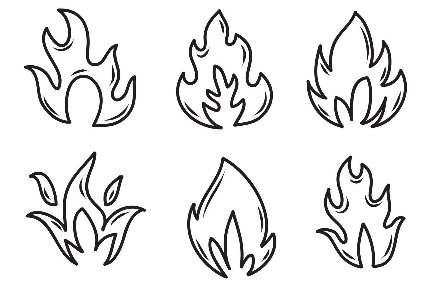 Hand drawn fire icons. Fire Flames Icons Vector Set. Hand Drawn Doodle Sketch Fire, Black and White Drawing. Simple fire symbol.