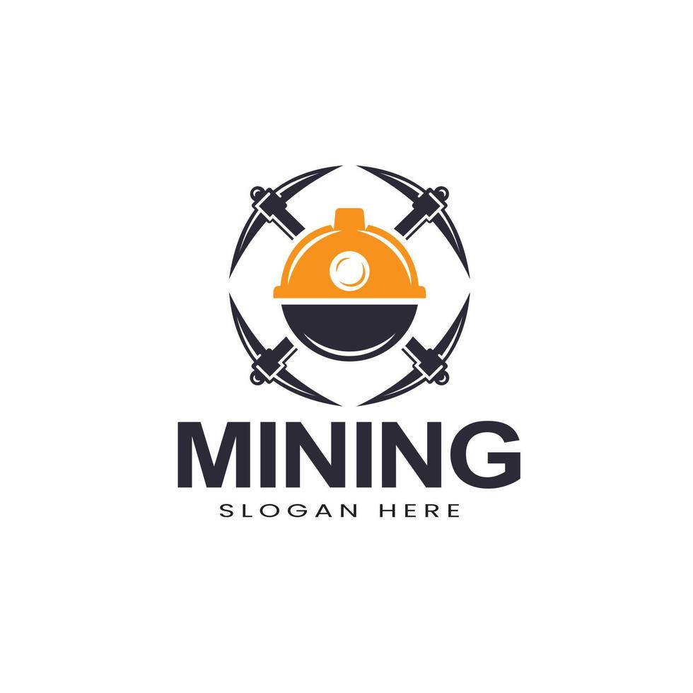 Retro mining logo with hard hat helmet and two axes Vector illustration, symbol, design icon