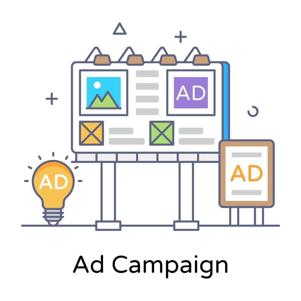 A billboard with ad and bulb, flat outline vector of ad campaign