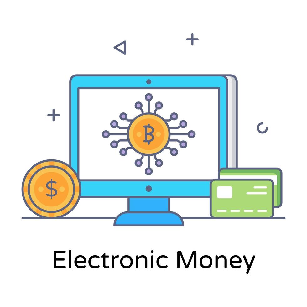 Bitcoin with network inside monitor, electronic money icon vector