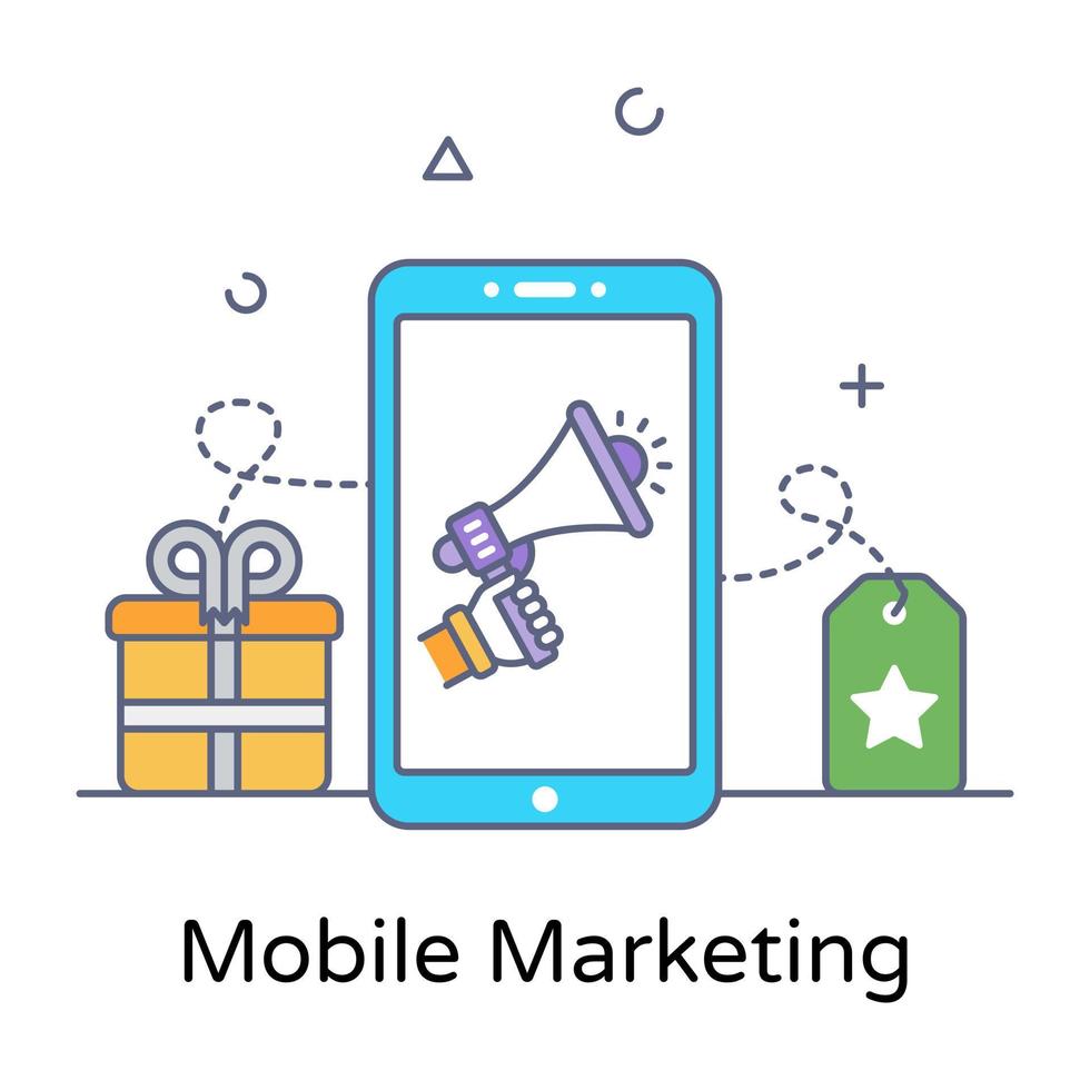 Megaphone inside smartphone, flat outline design of mobile marketing icon vector