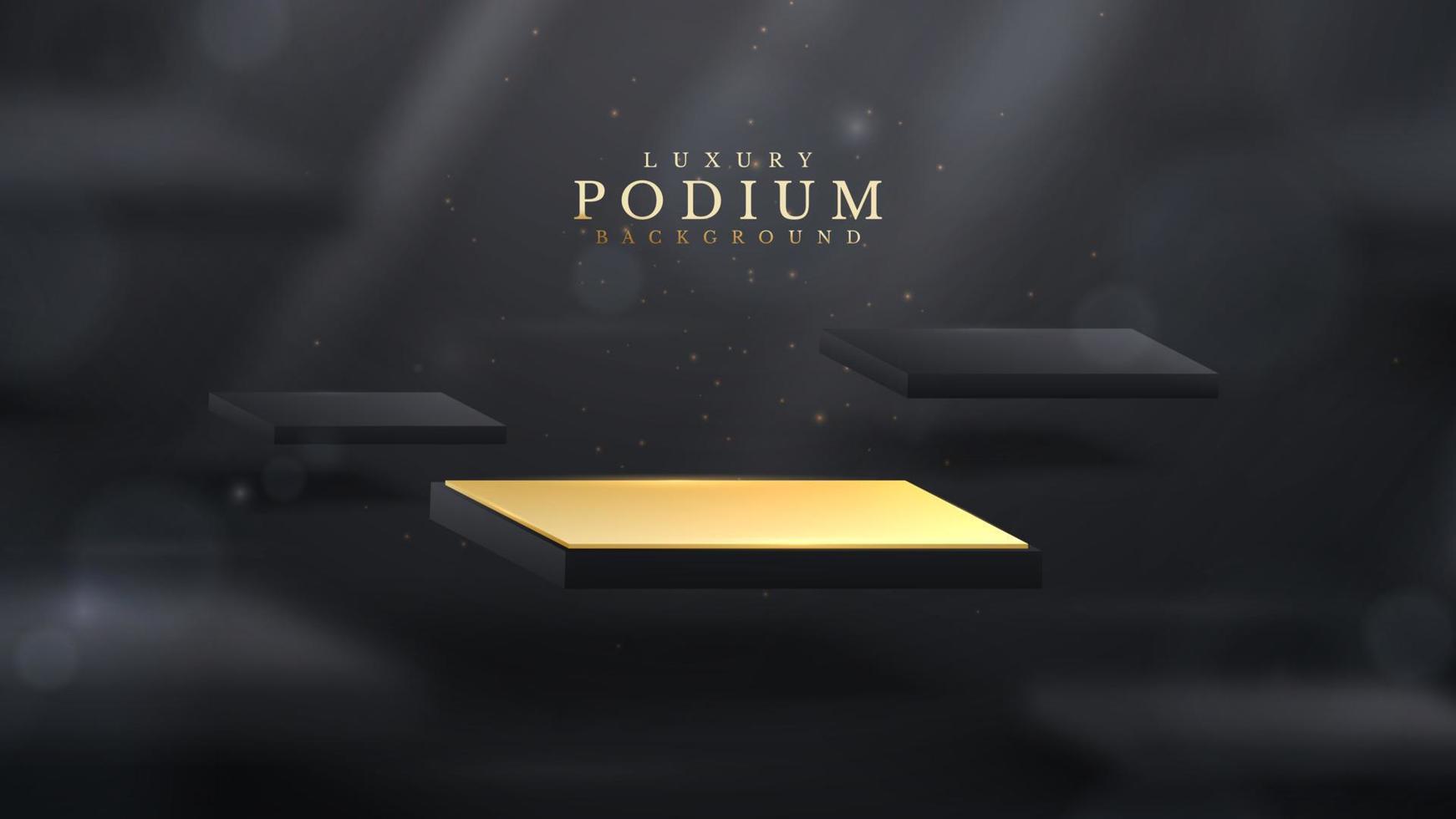 Golden square podium with glitter light effect elements and bokeh and blurred decoration. Black luxury background. vector