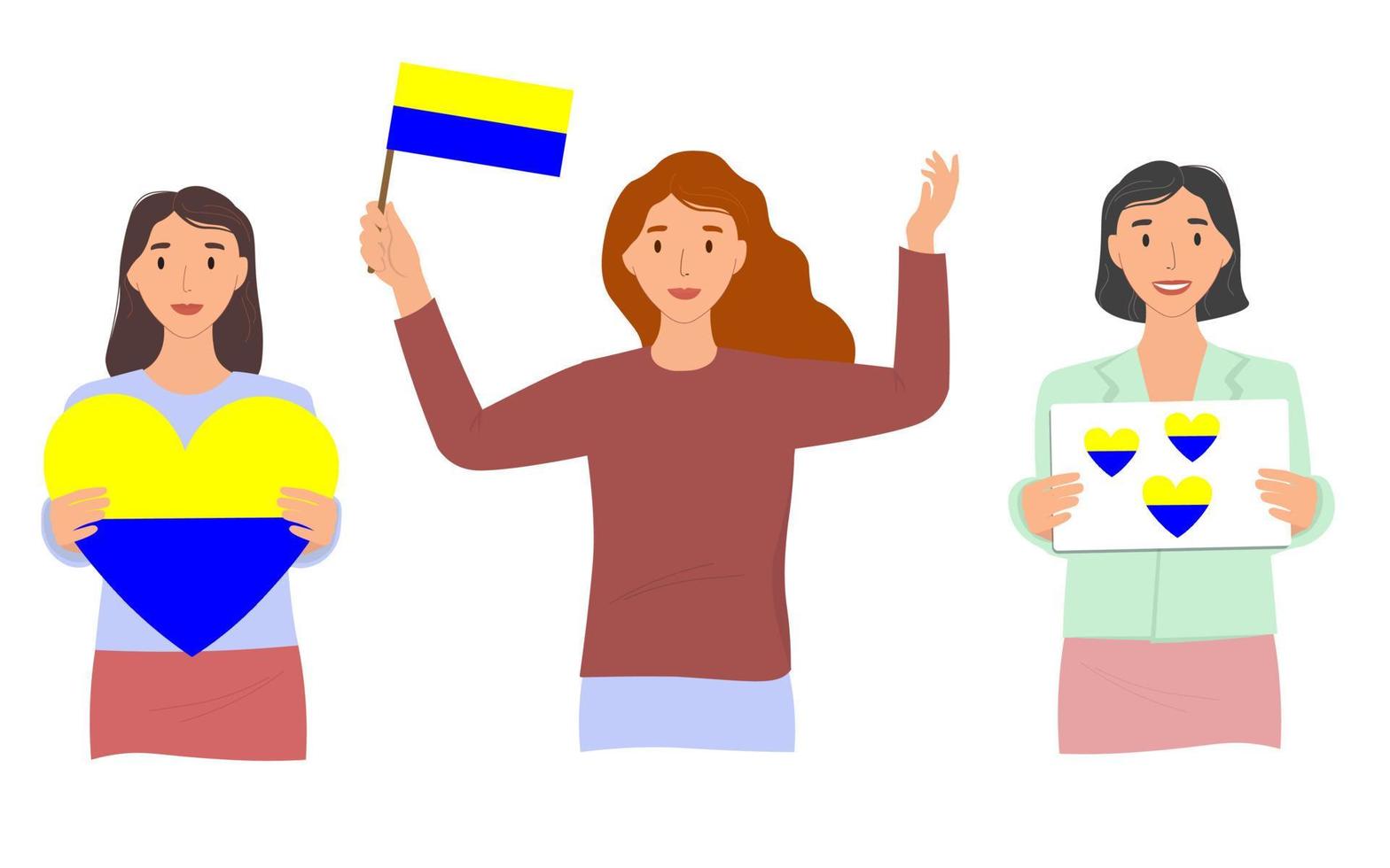 Girls with flags of Ukraine for independence and against the war. Vector graphics. Characters at the demonstration with a poster, a heart in their hands.