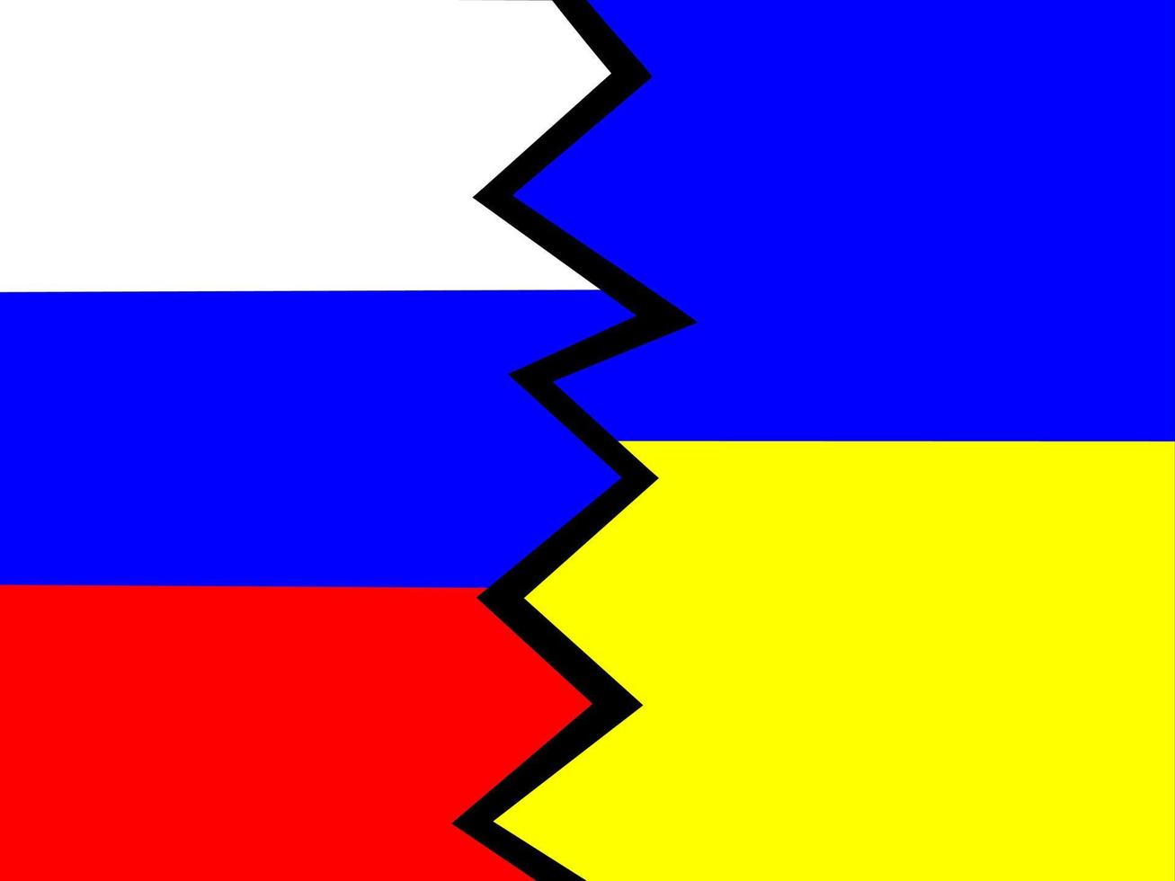 The flag of Russia and Ukraine separated by lightning. The confrontation between the two countries. The concept of war and aggression. Vector graphics.