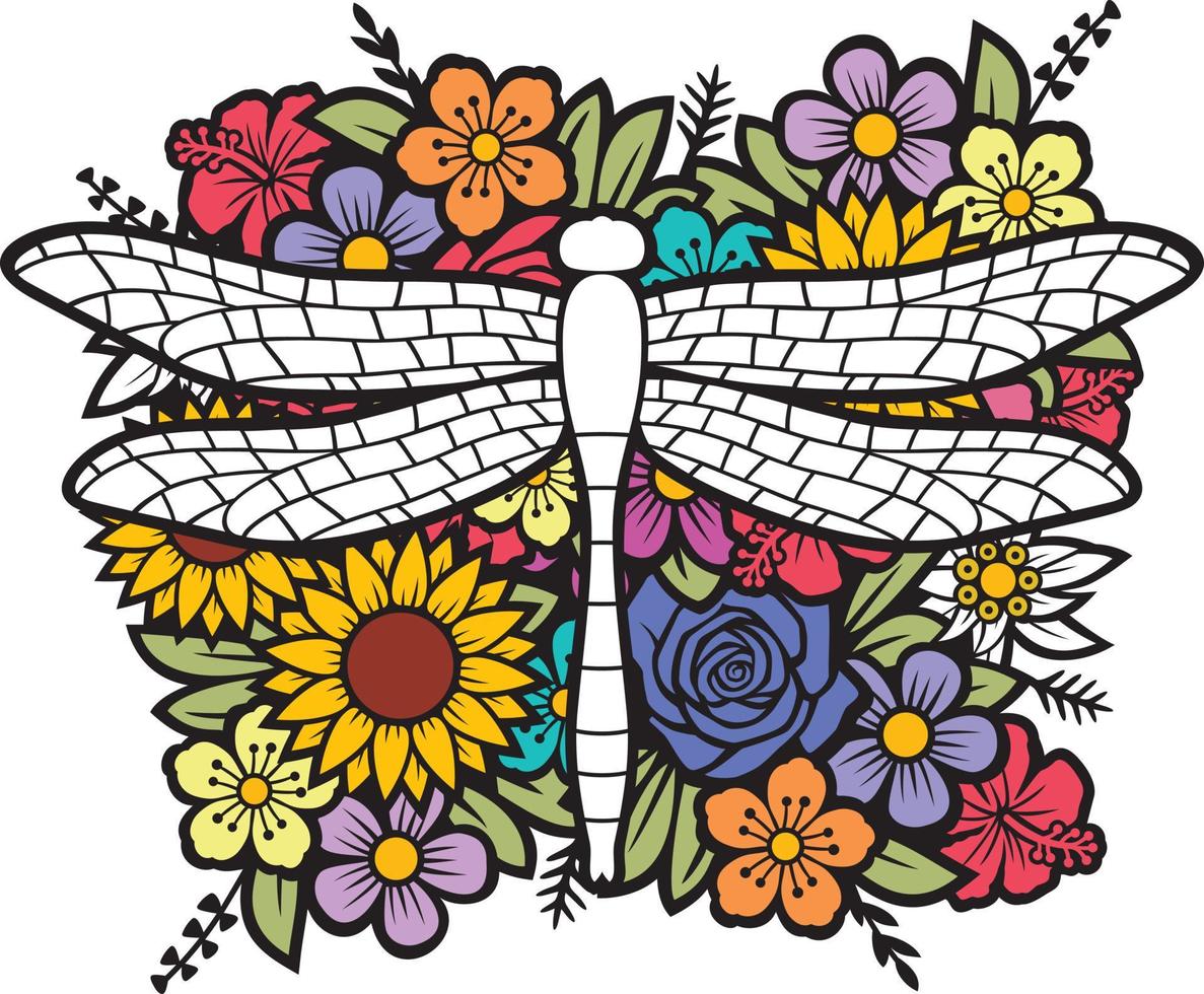 Floral Dragonfly Color Vector Illustration