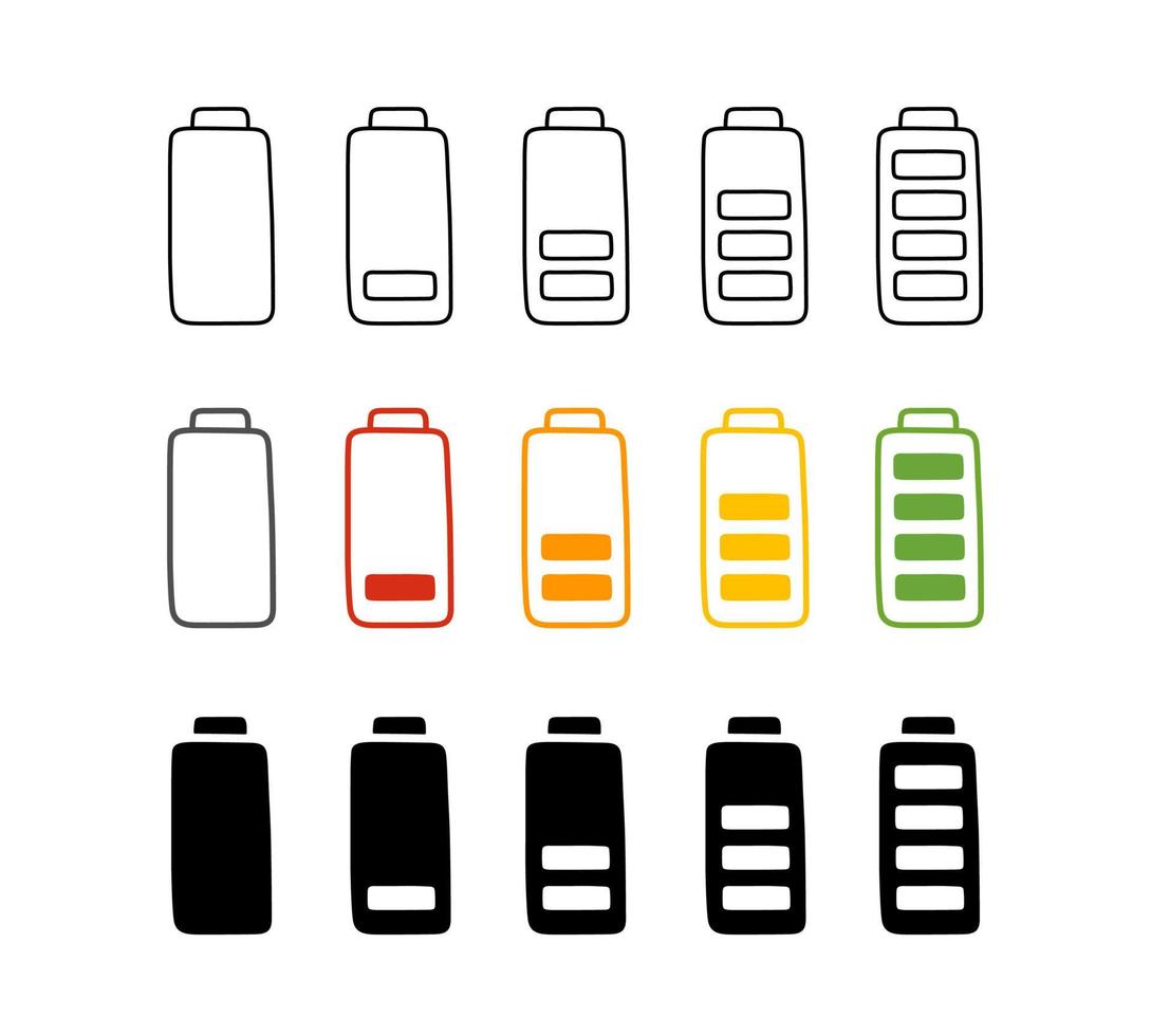 Battery charge in cartoon style, vector illustration. Hand drawn set icons, energy level low and full. Isolated color elements on white background. Indicator recharge mobile phone battery