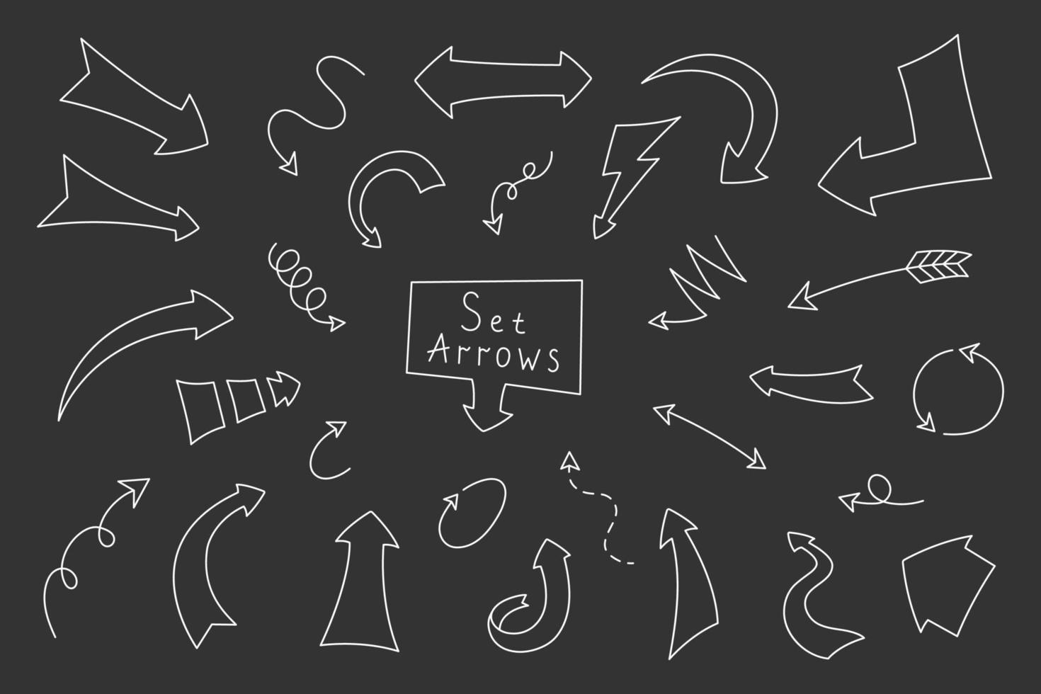 Arrow set in cartoon style vector illustration. Collection arrows hand drawn. Direction sign isolated doodle outline on black background. Simple elements for decorative planner, journal and notebook