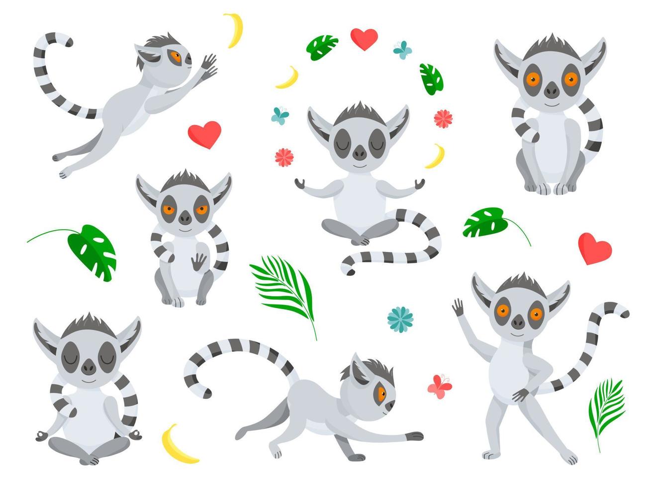 establecer divertido lémur gris - baile, meditación, levitación, salto, calma. las mullidas curvas de la cola a rayas. lindo animal bebé en estilo de dibujos animados. ilustración vectorial, elementos de color aislados sobre un fondo blanco vector