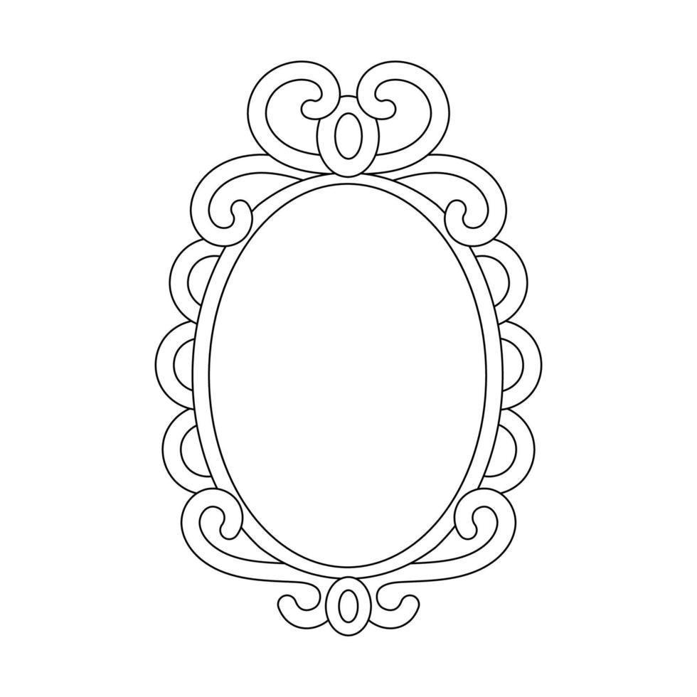 Magic mirror in cartoon style, vector illustration. Oval line frame for print and design. Fairy vintage mirror doddle. Isolated element on white background, graphic template