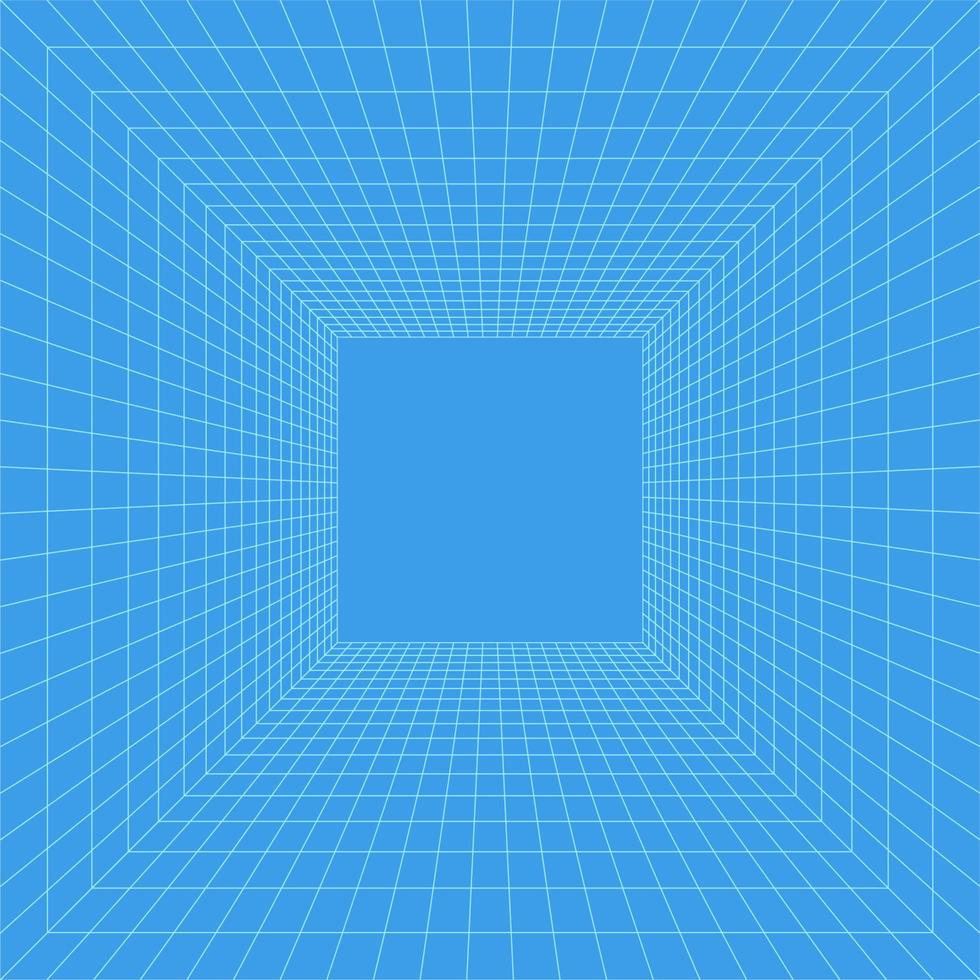 Grid room in perspective, vector illustration in 3d style. Indoor wireframe from blue lines, template interior square, digital empty box. Minimal background design