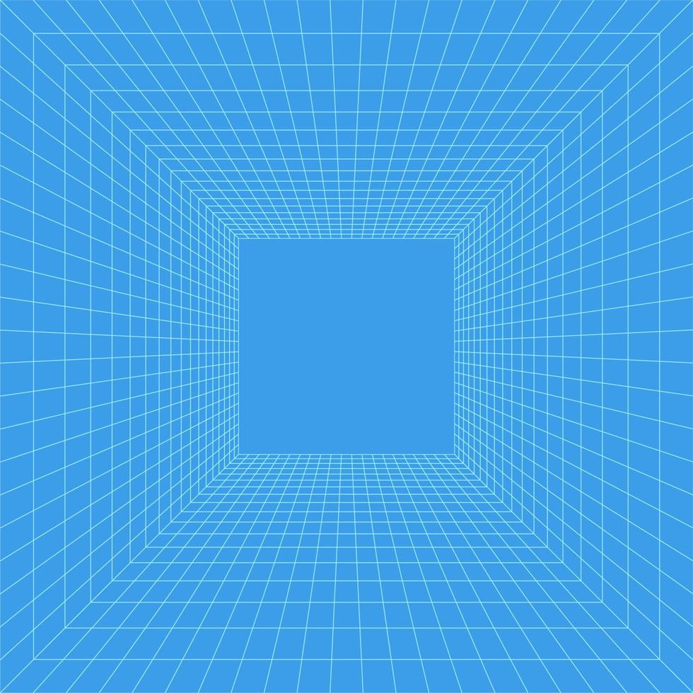 Grid room in perspective, vector illustration in 3d style. Indoor wireframe from blue lines, template interior square, digital empty box. Minimal background design