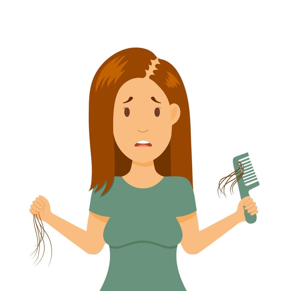 Hair loss in female problem. The girl holds a comb in her hand. Alopecia in woman, baldness in young age. Vector illustration, isolated color elements on a white background