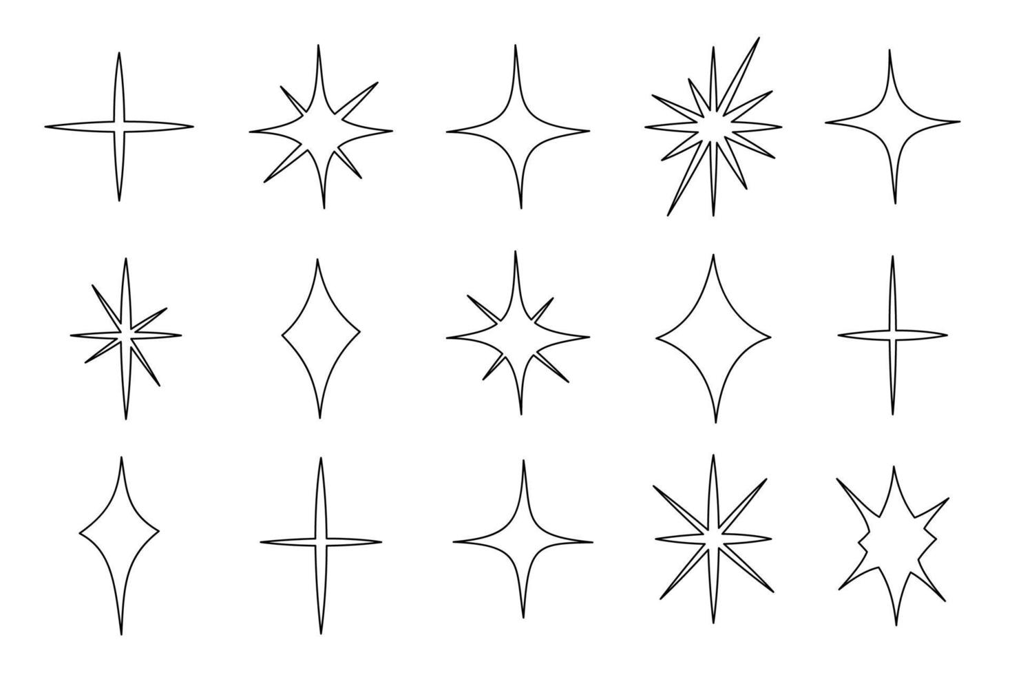 icono de conjunto de estrellas brillantes en estilo de fideos, ilustración vectorial. efecto brillante y brillante para el diseño. símbolo aislado de la colección de estrellas de contorno para la decoración. Silueta forma simple estrella sobre fondo blanco. vector