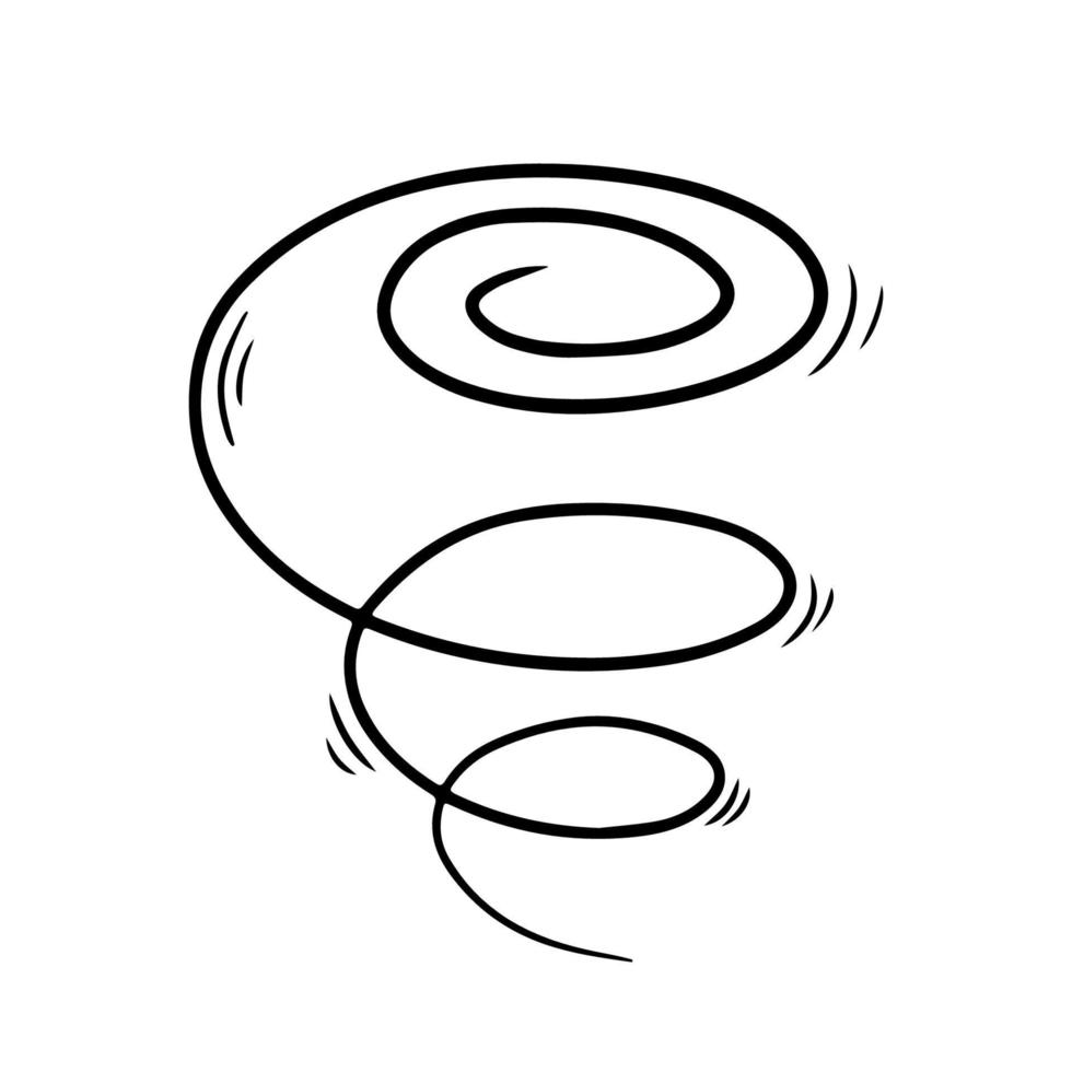 Tornado in doodle style, vector illustration. Hurricane of weather cataclysm. Sketch symbol wind for print and design. Isolated black line element on a white background