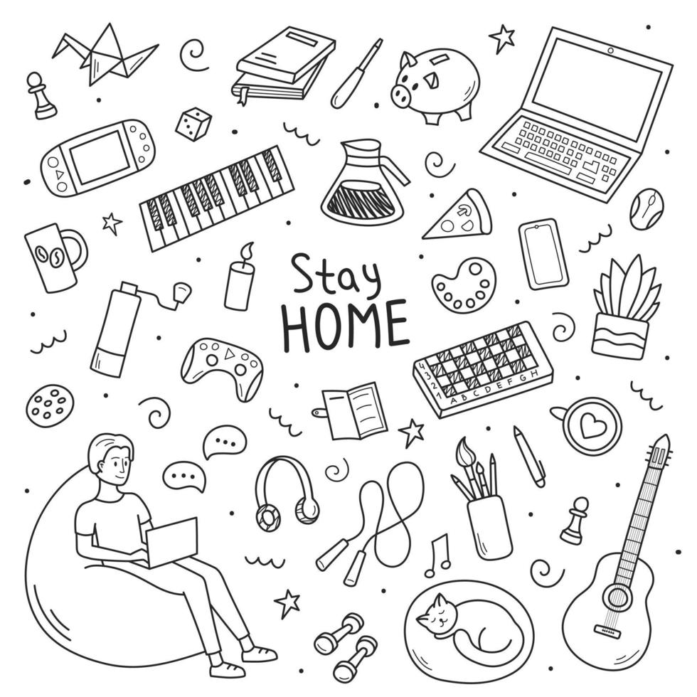 A cozy home office for the duration of the quarantine. Stay at home and stay healthy. Vector illustration in the doodle style, isolated black elements on a white background