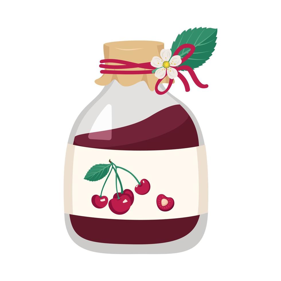 Jar of cherry jam. Sweet healthy food, delicious berry dessert. Vector flat illustration