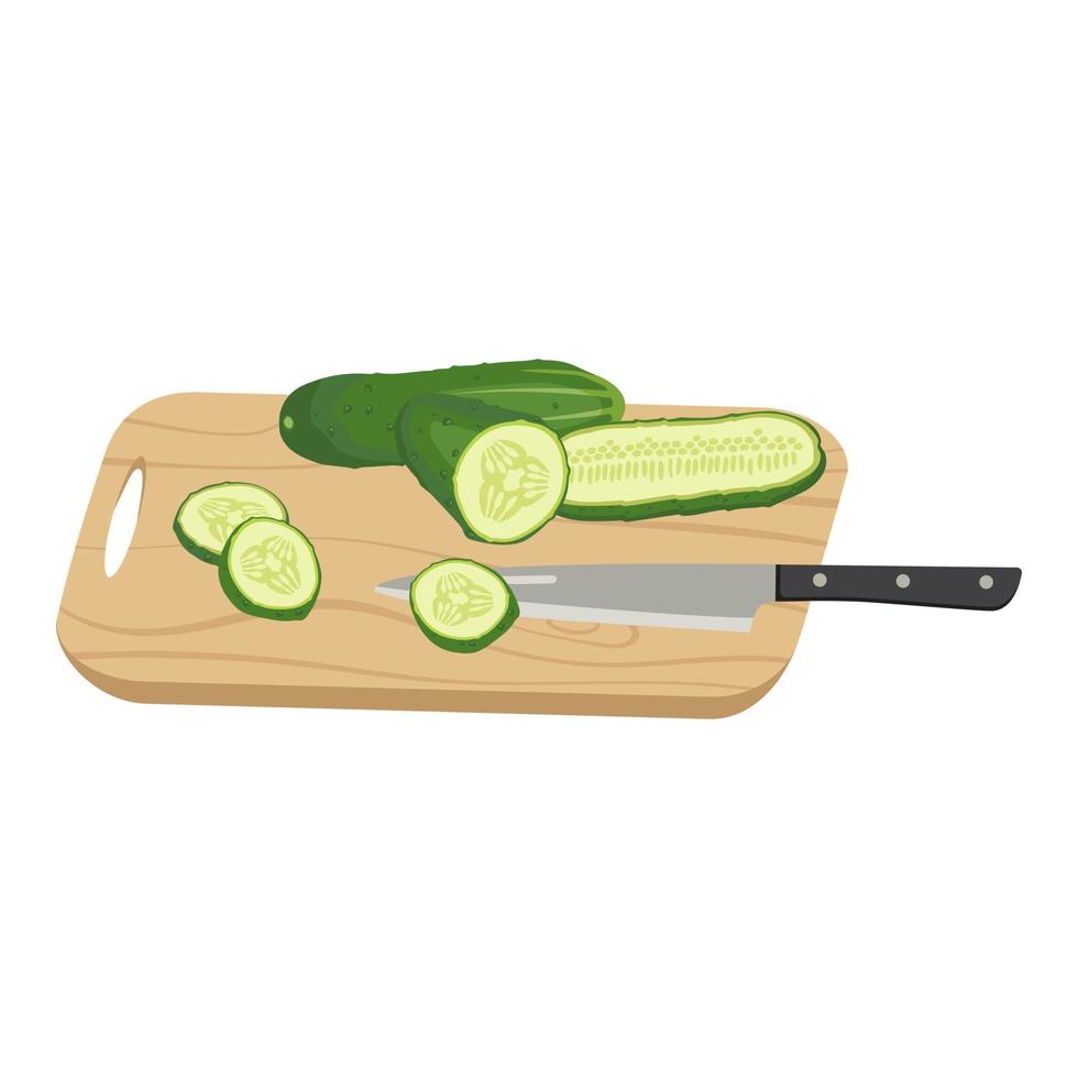 Fresh green cucumber on wooden cutting board with knife. Delicious healthy vegetable, fresh food for salad preparation, harvest. Vector flat illustration