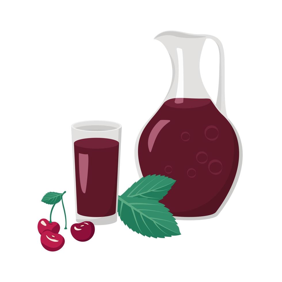 jarra y vaso de jugo de cereza o bebida con bayas y hojas. dulce deliciosa comida y bebida. ilustración plana vectorial vector