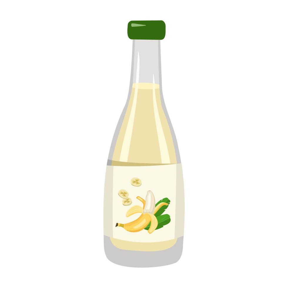 Glass bottle of yellow banana juice or drink. Sweet delicious food and beverage from tropical exotic fruit. Vector flat illustration