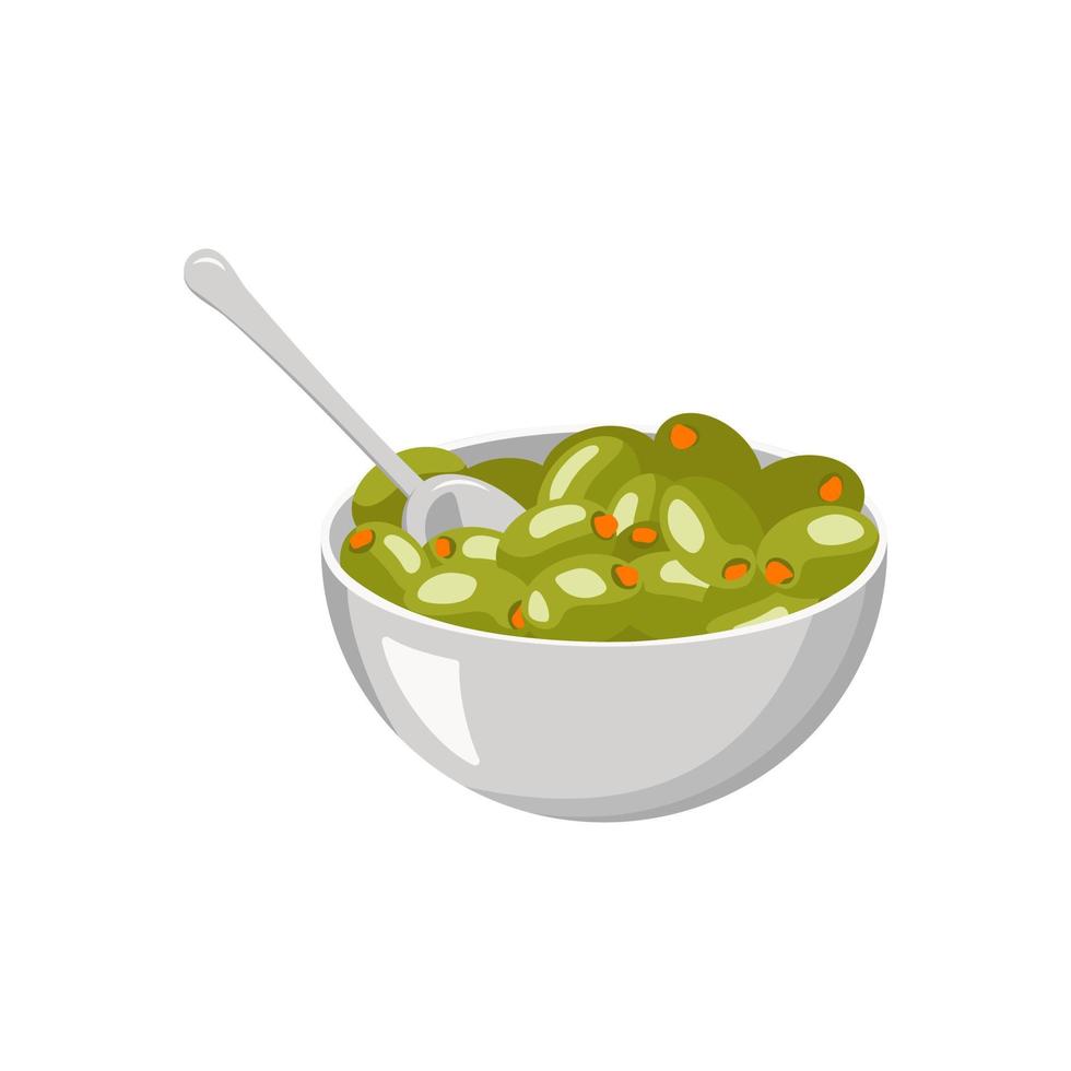 tazón de metal de aceitunas verdes con pescado dentro y cuchara. comida tradicional griega. ilustración plana vectorial vector