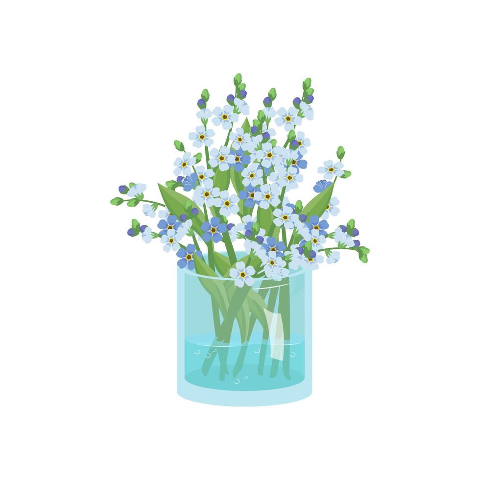 Cute spring and summer bouquet of small blue forget me not flowers with stems and leaves in white vase. Interior design. Plant shop. Vector illustration