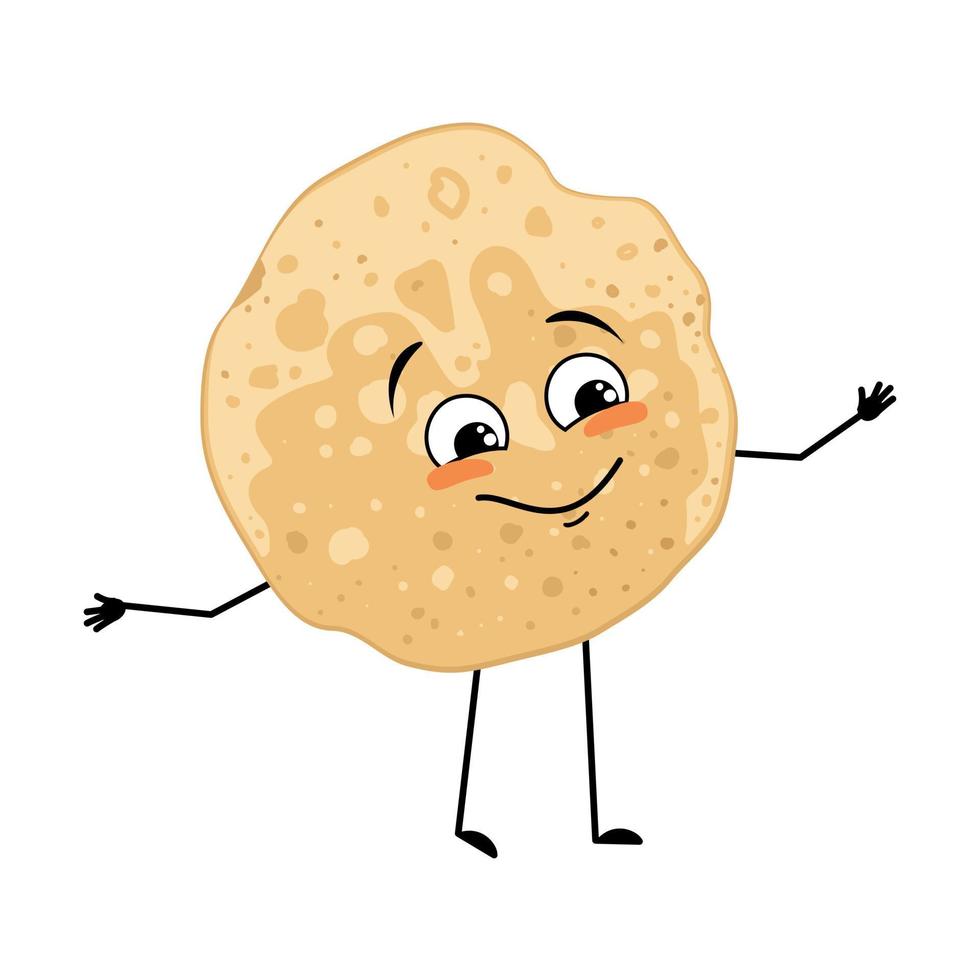 personaje de panqueques con emociones alegres, cara feliz, sonrisa, ojos, brazos y piernas. persona para hornear, pastelería casera con expresión divertida. emoticono de comida para carnaval o maslenitsa. ilustración vectorial vector