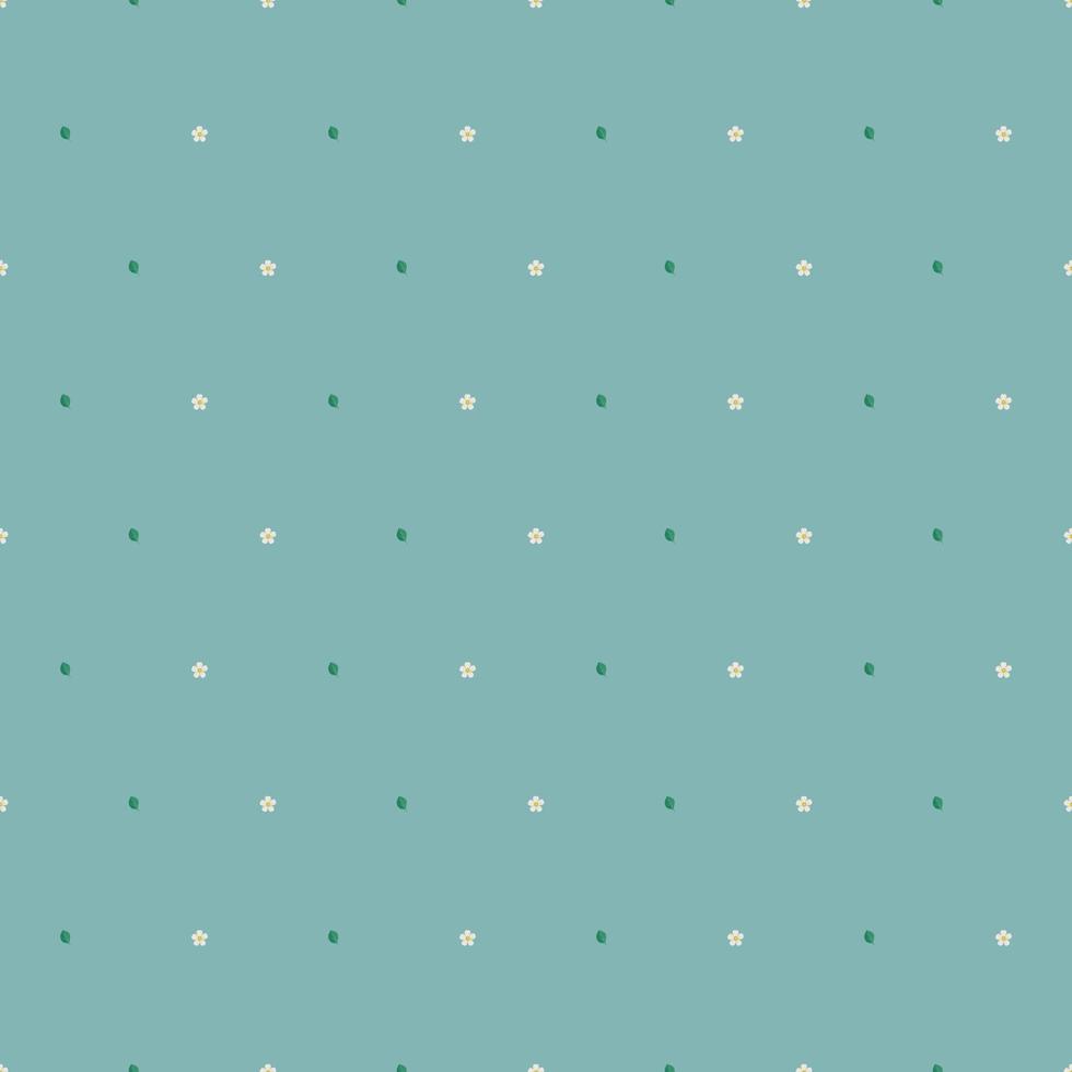 Seamless pattern with white cherry flowers on branch with leaves on blue background. Print of spring decoration, flowering fruit tree plant. Vector flat illustration