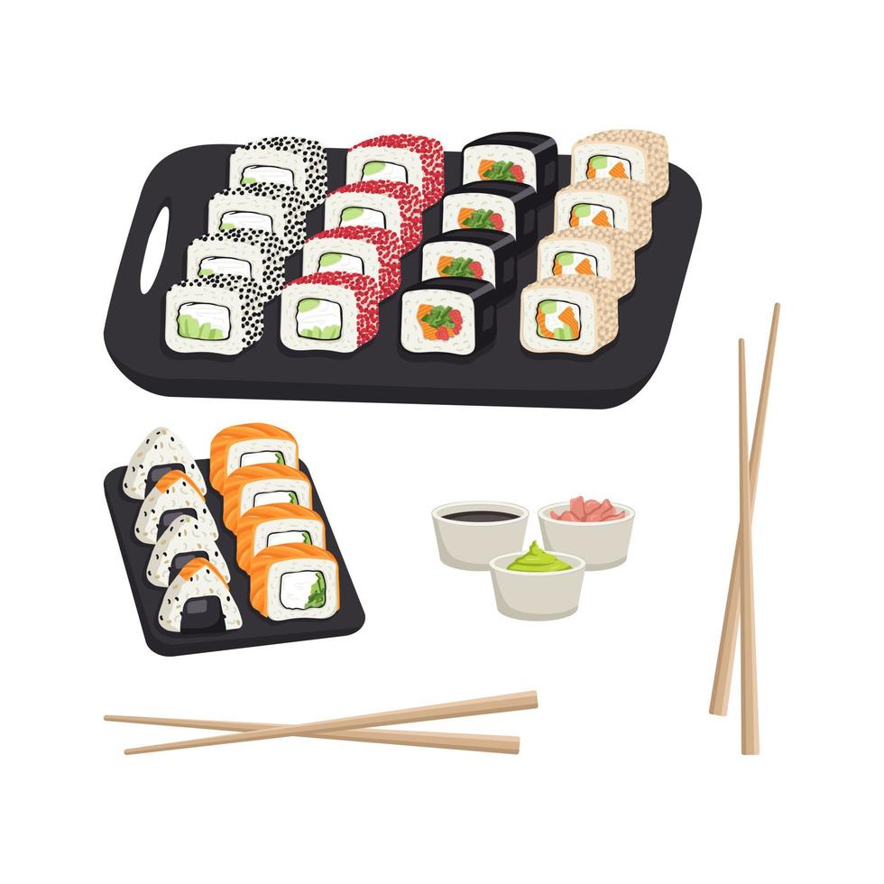 ambientado con plato de sushi japonés, rollos y onigiri. deliciosa comida tradicional oriental en bandeja negra con palillos, jengibre, wasabi y salsa de soja. ilustración de comida plana de vector