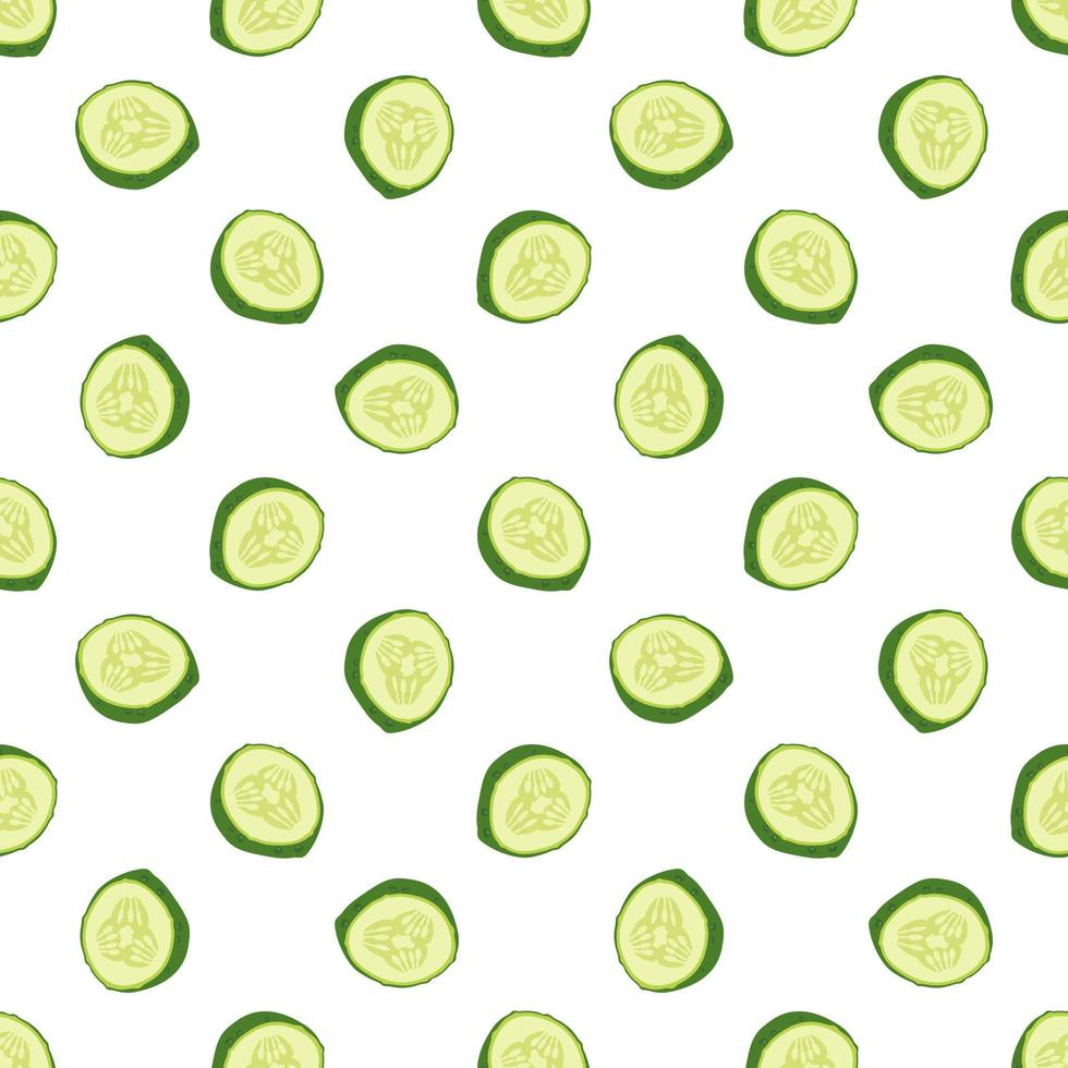 Seamless pattern with green cucumber cut into pieces. Delicious healthy vegetable print on white background, fresh food for salad preparation, harvest. Vector flat illustration