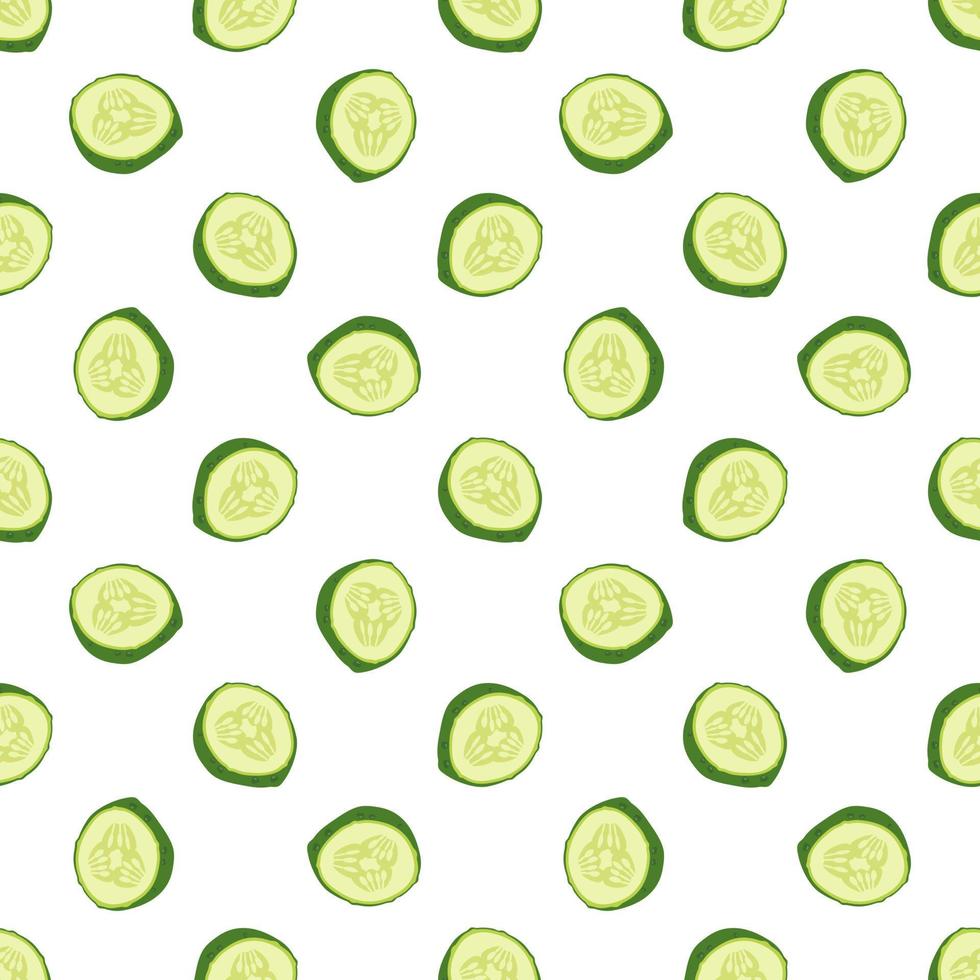 Seamless pattern with green cucumber cut into pieces. Delicious healthy vegetable print on white background, fresh food for salad preparation, harvest. Vector flat illustration