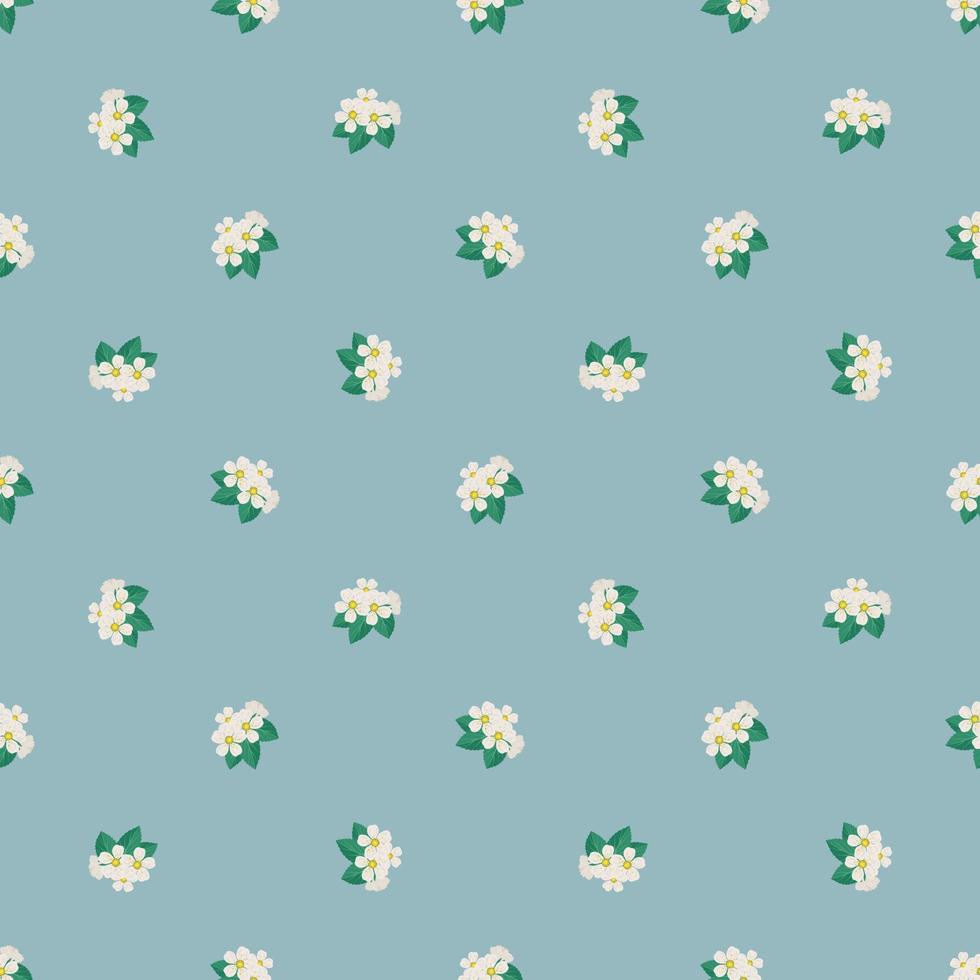Seamless pattern with white cherry flowers on branch with leaves on blue background. Print of spring decoration, flowering fruit tree plant. Vector flat illustration