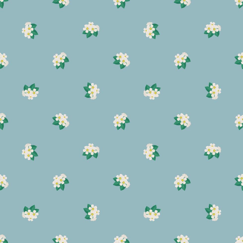 patrón sin fisuras con flores de cerezo blanco en rama con hojas sobre fondo azul. estampado de decoración de primavera, planta de árboles frutales florecientes. ilustración plana vectorial vector