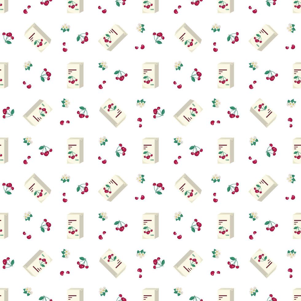 Seamless pattern with Pack of cherry juice or drink on white background. Sweet print of delicious food and beverage. Vector flat illustration