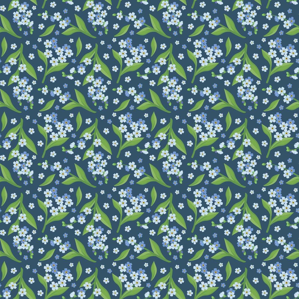 Seamless pattern with small blue forget me not flowers and leaves. Field flowering plants. Romantic decoration print for wedding and design. Vector flat illustration