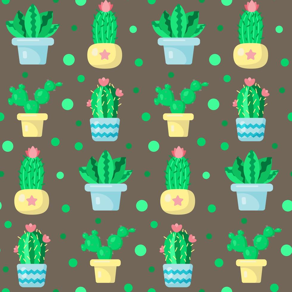Seamless pattern with green cactuses in pots. Funny cartoon print. Home and domestic plants, cozy and cute background. Print for textile, gift wrap, clothes, design and decor vector