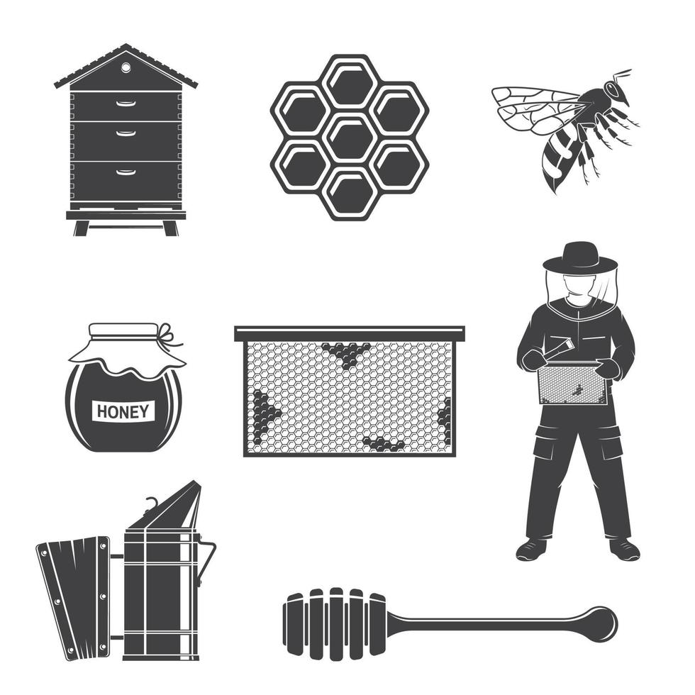 Set of beekeeping Equipment silhouette icons. Vector. Set include beekeeper, bee, beehive, bee smoker, honeycombs, propolis, dipper. Equipment icons for honey bee farm business. vector